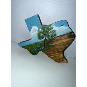 Texas Shape Hand Painted Primitive Wood Wall Plaque Art Bluebonnets Tree Signed